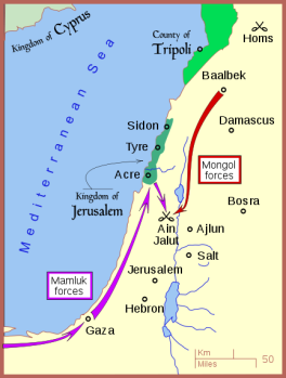 Pergerakan pasukan Mamluk (warna pink) dari arah Mesir dan Pergerakan pasukan Mongol (merah) dari utara.