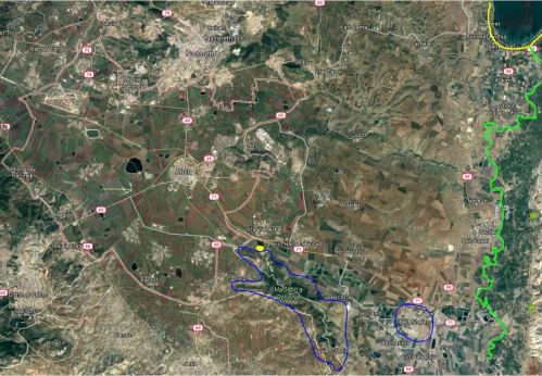 Ujung Lembah Jezreel/Sahil Zir'in dengan Ain Jalut dan dibatasi Gunung Gilboa di selatan di Google Map Emek Harod,Israel 32.550403, 35.356079 merah = area Jezreel valley arsiran kuning = Ain Jalut hijau = Sungai Yordan biru = Mount Gilboa garis kuning = danau Tiberias/ Sea of Galilee